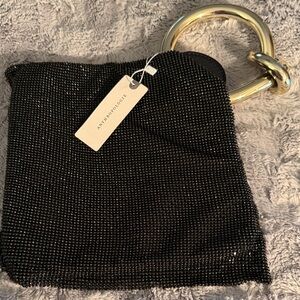 Anthropologie Black Beaded Clutch with Gold Ring Handle